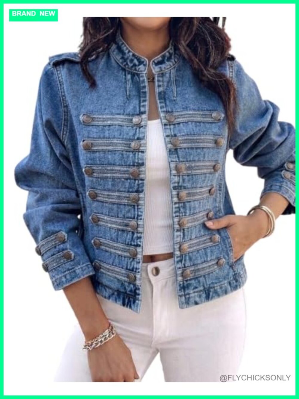 Women's Military Denim Jean Jacket Stand Collar Cotton Blend Button Coat